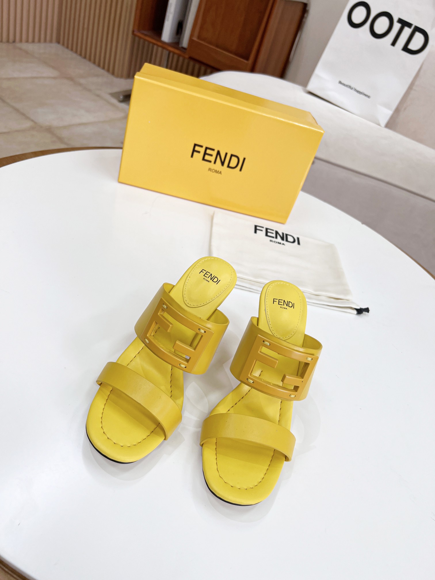 F**di Baguette Yellow Heels For Women