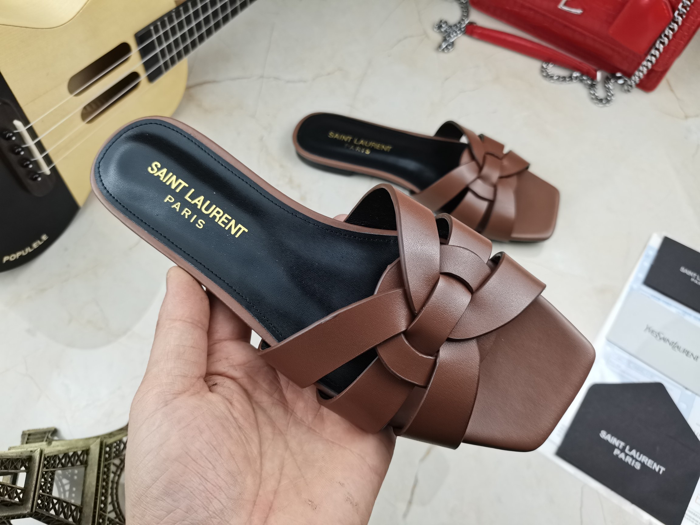 Sa1nt Lau*nt Women’s Tribute Flat Mules Brown For Women Y51