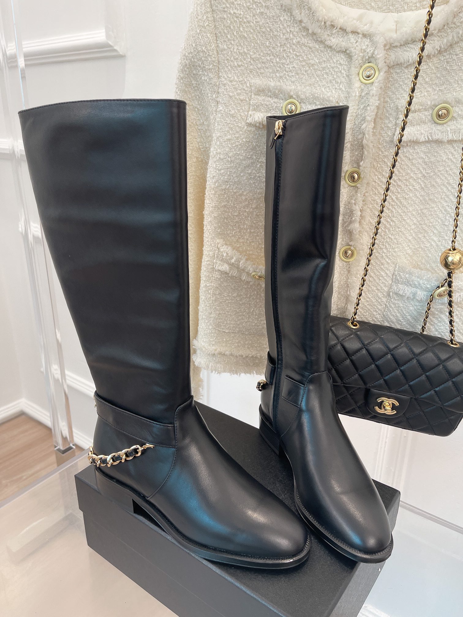 Ch**el Women’s Ankle Boots With Chain Black For Women 1.5in/ 4cm