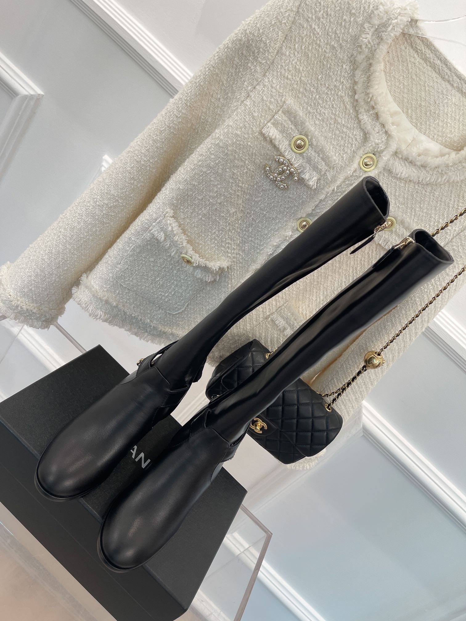 Ch**el Women’s High Boots With Chain Black For Women 3.7in/ 9.5cm